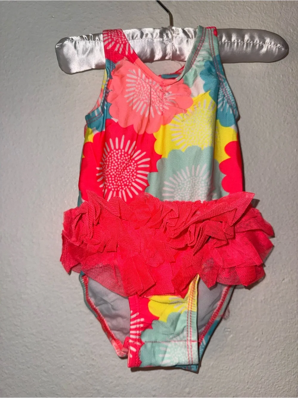 Cat & Jack Neon Coral Floral Ruffle One-Piece Swimsuit